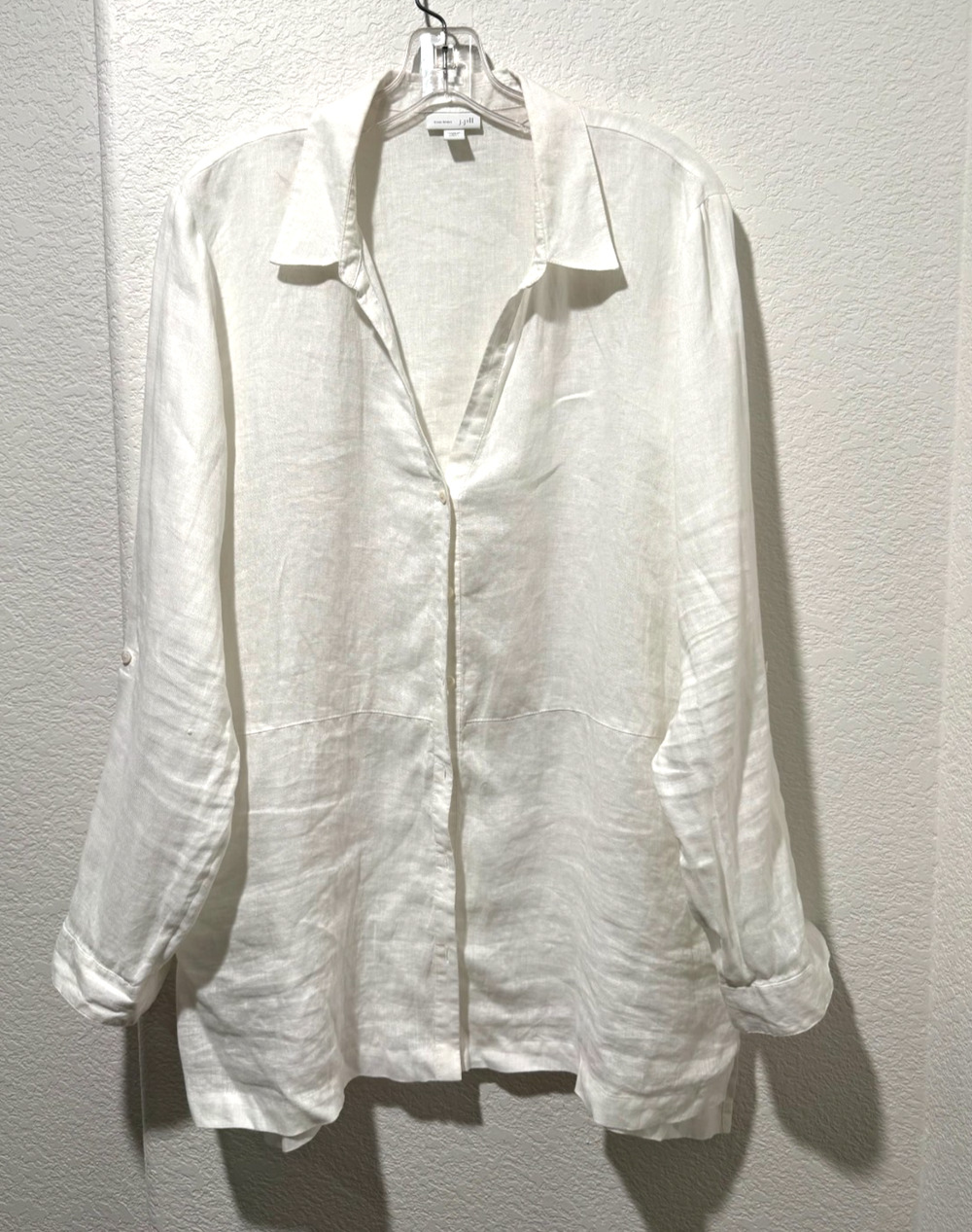 J Jill Love Linen White Tunic Blouse Button Front XL Roll Tab Sleeves MISSY